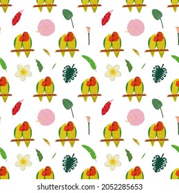 Seamless pattern with parrots lovebirds, tropical leaves and flowers. Cute baby print for fabric and textile.
