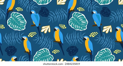 Seamless pattern with parrots on a background of tropical monstera and palm leaves. Summer exotic print with birds. Vector graphics.