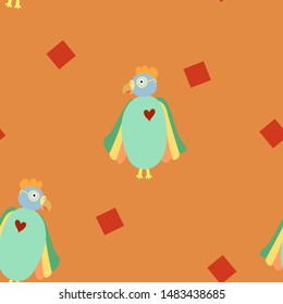 Seamless pattern with  parrots  on the bright abstract background .Cute hand drawn parrots with glasses on the orange background.Vector print for fabric or wallpaper.
