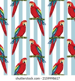 Seamless pattern with parrots on a striped background. Stylized parrot. Wallpaper, print, paper, packaging, textile design. Vector illustration.