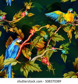 Seamless pattern of parrots on the tropical branches with flowers and leaves. Hand drawn. Vector - stock.