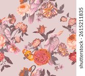Seamless pattern with parrots and  painting rococo still-lifes flowers. Vector
