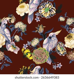 Seamless pattern with parrots and  painting rococo still-lifes flowers. Vector