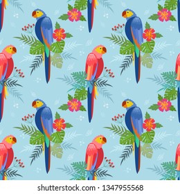 Seamless pattern with parrots. Palm leaves, hibiscus flowers