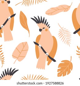 Seamless pattern with parrots and palm leaves. Cute flat hand drawn birds and plants. Tropical paradise background. Exotic floral texture for textile, fabric, paper. Nature, wildlife, jungle
