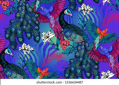 Seamless pattern of parrots, peacock and flowers. Suitable for fabric, wrapping paper and the like. Vector illustration