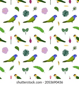 Patrón sin foco con loros pioneros, cabeza negra, hojas tropicales y flores. Huella de bebé para tela y textil.
