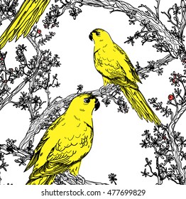 
Seamless pattern with parrots . Stylish pattern in vintage style .