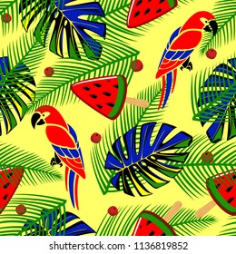Seamless pattern with parrots, tropical leaves and ice cream.