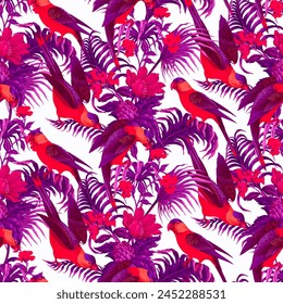 Patrón sin costuras con loros y hojas tropicales. Vector
