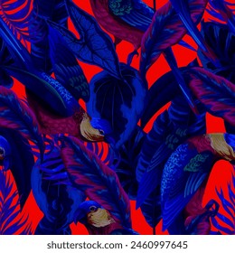 Patrón sin costuras con loros y hojas tropicales. Vector