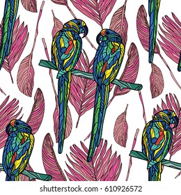Seamless pattern with parrots and tropical leaves on white background. Vector illustration.