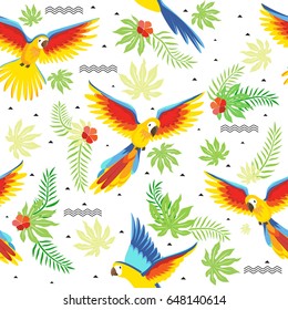 Seamless pattern with parrots and tropical leaves. Summer background