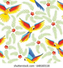 Seamless pattern with parrots and tropical leaves. Modern summer background