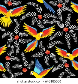 Seamless pattern with parrots and tropical leaves  on the dark background. Modern summer background