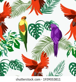 Seamless pattern with parrots and tropical plants on a white background