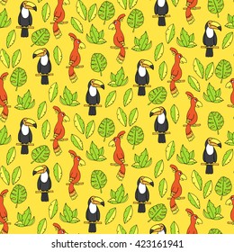 Seamless pattern with parrots and tucans. Vector illustration