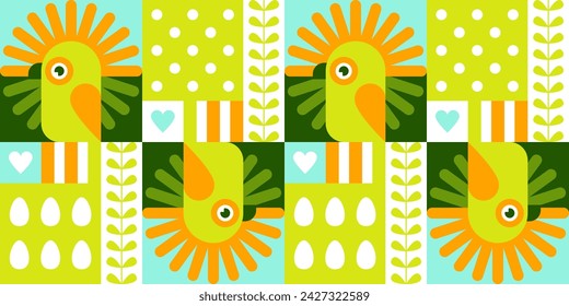 Seamless pattern with parrots and white eggs. Cute tropical background with exotic birds for pet shop, zoo, interior of children's rooms, clothing, wrapping paper. Vector flat cartoon illustration