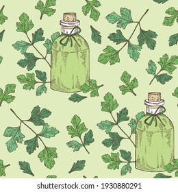 Seamless pattern with parsley: parsley leaves, plant and bottle of parsley essential oil. Cosmetic, perfumery and medical plant. Vector hand drawn illustration.