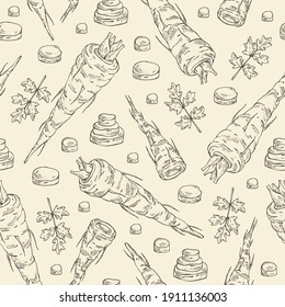 Seamless pattern with parsnip. Vector hand drawn illustration.