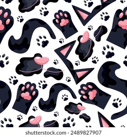 seamless pattern with parts of a black cat namely ears, tail, paws and face, cat day icons, for various designs, patterns or packaging