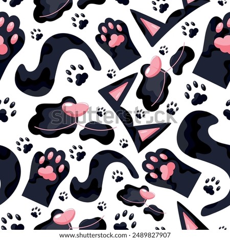 seamless pattern with parts of a black cat namely ears, tail, paws and face, cat day icons, for various designs, patterns or packaging