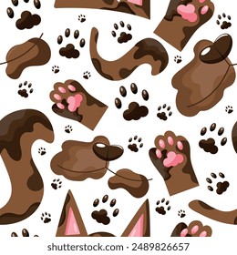 seamless pattern with parts of a brown cat namely ears, tail, paws and face, cat day icons, for various designs, patterns or packaging