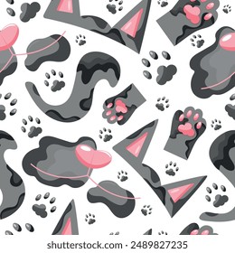 seamless pattern with parts of a gray cat namely ears, tail, paws and face, cat day icons, for various designs, patterns or packaging