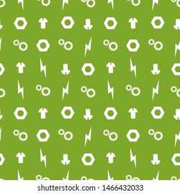 Seamless pattern of parts, nuts, cogs, gears, zippers, mechanisms, white on a green background, chessboard arrangements for boys