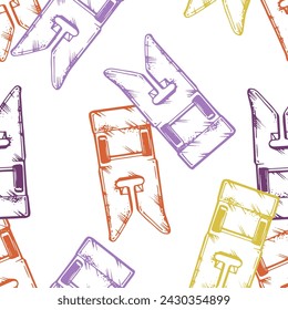 Seamless pattern of parts for a sewing machine. Presser foot for straight stitching. Vector illustration for background design, packaging, paper. Sewing and needlework concept