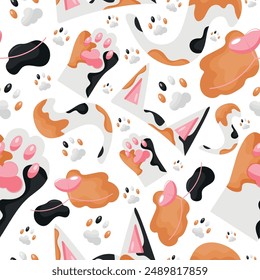 seamless pattern with parts of spotted cat namely ears, tail, paws and face, cat day icons, for various designs, patterns or packaging