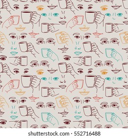 Seamless pattern with parts of young faces and coffee cups, vector illustration