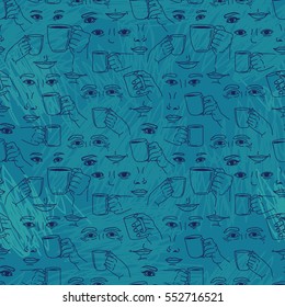 Seamless pattern with parts of young faces and coffee cups, vector illustration