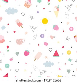 Seamless pattern Party background with fruit and desserts Pattern repeating random layout Design used for publication, clothing, textile, vector illustration