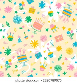 Seamless pattern for the party. Birthday cakes, candles, decorations, flowers, party hats, gifts