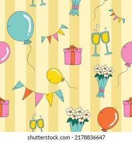 Seamless pattern party or celebration with yellow background. Seamless wallpaper. Flat vector illustration.