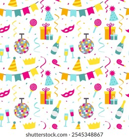 Seamless pattern with party decoration elements in cartoon flat style on white background. 