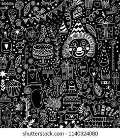 Seamless pattern with party doodles. Happy birthday backdrop. Hand drawn, doodle party