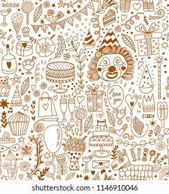 Seamless pattern with party doodles. Happy birthday backdrop. Hand drawn, doodle party