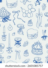 Seamless pattern of party elements. Line art, ink, minimalist style. Vector illustration. Party collection.