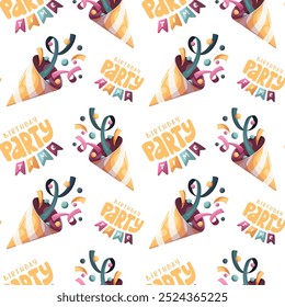 Padrão perfeito com chapéu de festa com confete. Festa de aniversário, celebração, parabéns, conceito do convite. Ilustração vetorial.