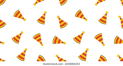 Padrão contínuo de chapéus de festa em estilo divertido doodle. Ilustração vetorial para impressão de comemoração de aniversário. Use este padrão para papel de parede, papel de presente ou têxtil.