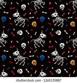 Seamless pattern. Party of little skeletons of unicorns. Great for greeting cards, halloween party invitations, t-shirt printing and more. Halloween illustration.