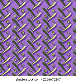 Seamless pattern with Pasilla Bajio. Chilaca chili pepper. Chile Negro. Mexican Negro. Prieto. Cuernillo. Chili pepper. Vegetables. Flat style. Vector illustration isolated on purple background.