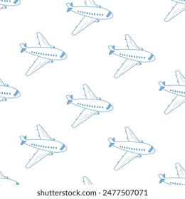 Seamless Pattern Passenger plane in flight. Vector illustration of an airplane doodle sketch