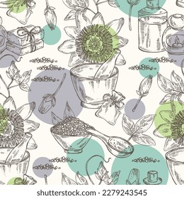 Seamless pattern with passiflora incarnata: passiflora flowers, leaves and plant. Oil, soap and bath salt . Cosmetics and medical plant. Vector hand drawn illustration