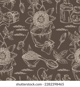 Seamless pattern with passiflora incarnata: passiflora flowers, leaves and plant. Oil, soap and bath salt . Cosmetics and medical plant. Vector hand drawn illustration