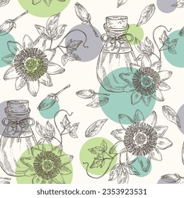 Seamless pattern with passiflora incarnata: passiflora flowers, leaves, plant and bottle of passiflora essential oil. Cosmetic, perfumery and medical plant
