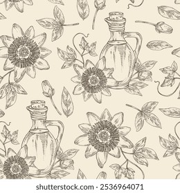 Padrão sem emenda com passiflora: flores de planta e passiflora e garrafa de óleo passiflora. Ilustração desenhada à mão vetorial
