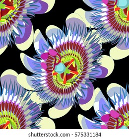 seamless pattern passion flower Blue tropical shadow on  black . vector illustration